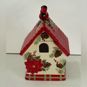 Cracker Barrel Exclusive Cardinal Pine Cone Holiday Birdhouse Cookie Jar New Box